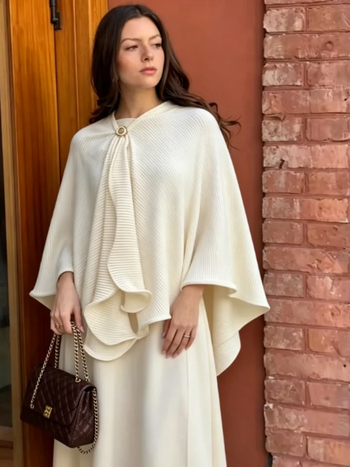 Women Beige Pleated Cape Set Loose Long Sleeved Ruffles Blouse A