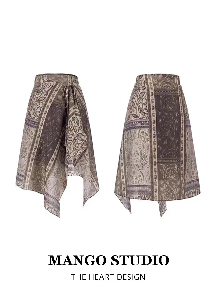 Retro Coffee Print Light Weight High Waist f Skirt for Women Summer Ethnic Wave Mexican Loose Fit A-Line Midi Skirt
