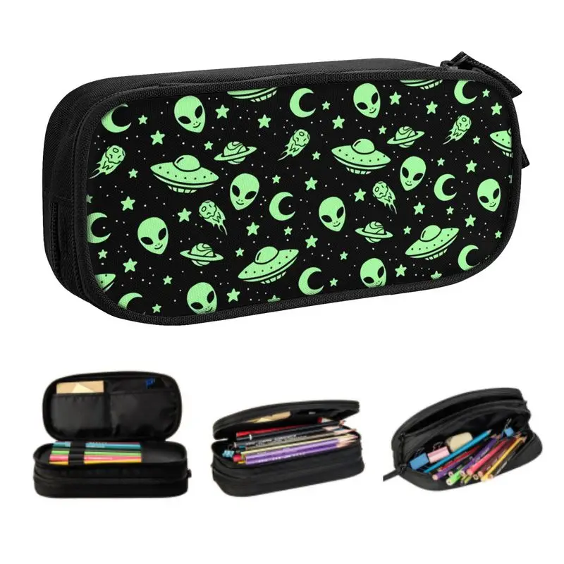 Custom Cute Alien And UFO Pattern Pencil Case for Girls Boys Large Capacity Pen Bag Box School Supplies