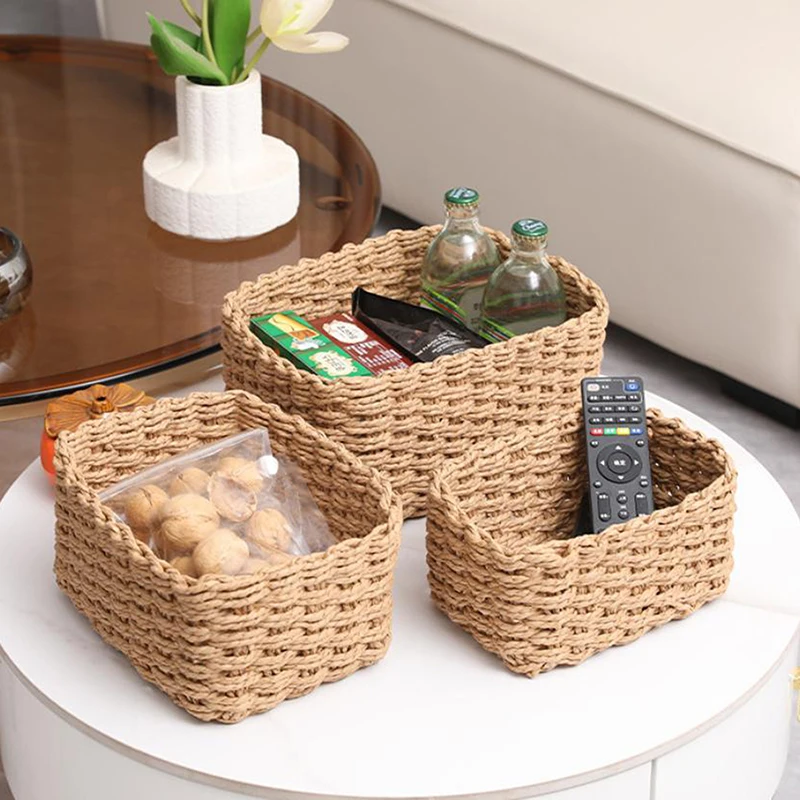 New-3pcs Handmade Straw Woven Soft Round Paper Rope Storage Basket For Organizing Decorative Storage Bins Office Storage Box