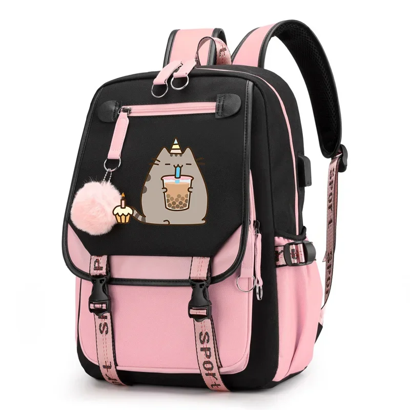 Cute Cat Cartoon Canvas Backpack para Adolescentes, Bebida Leite Chá Bookbag, Laptop Bags, Viagem Mochila, Meninas e Meninos