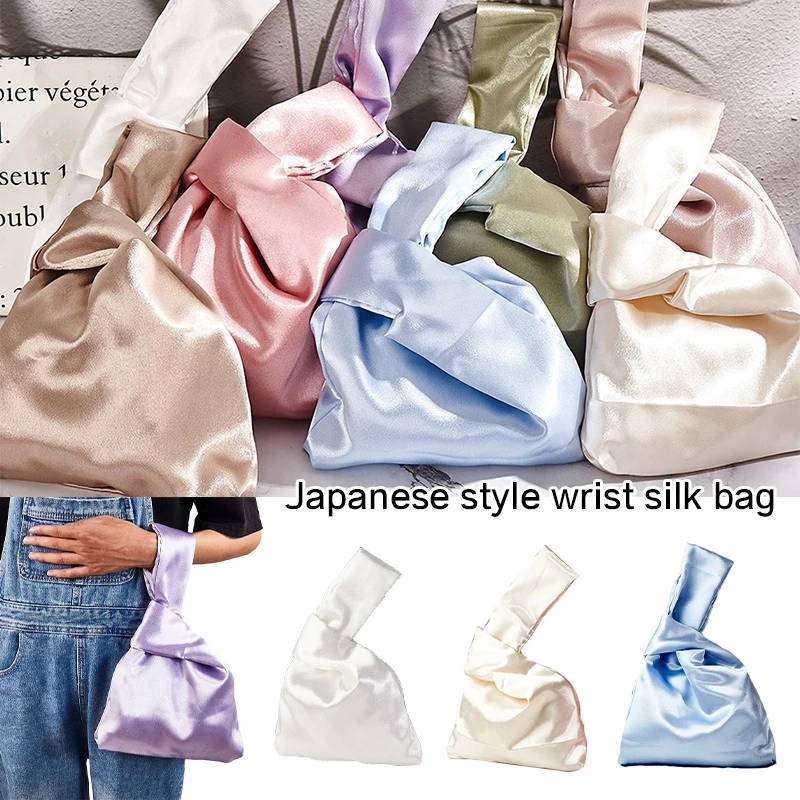 

Japanese Style Silky Wrist Bag Women Elegance Vintage Handbag Knot Wrist Bag Girls Student Travel Purse Phone Key Shopping Bags