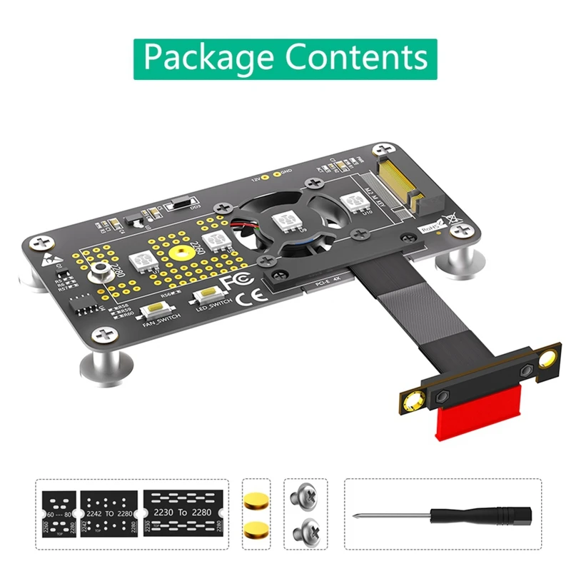 3 In 1 M.2( NGFF) NVME M-Key SSD To PCIE 1X Extension Cable With Cooling Fan And Automatic Discoloration LED