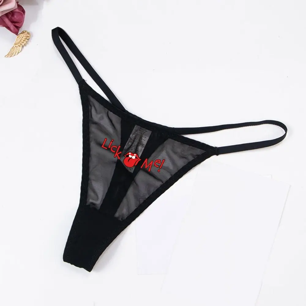 

Sexy Transparent Mesh Thong Fashion Solid Color Letter Mouth Printing G Strings Low Waist T-back Underwear for Female