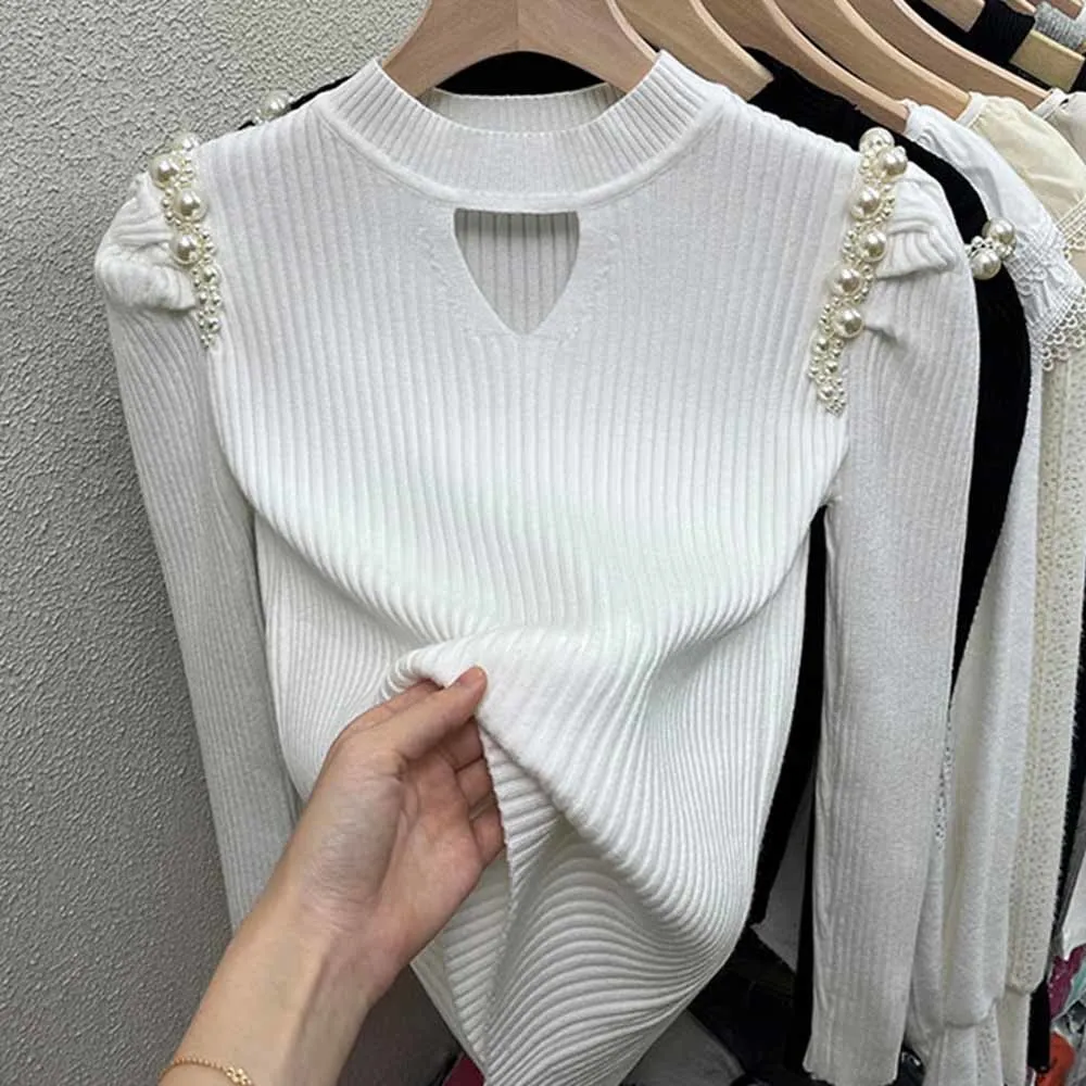 

Winter chic hollow puff sleeve Pearl top design niche sweater knit bottoming shirt women's Pull Femme