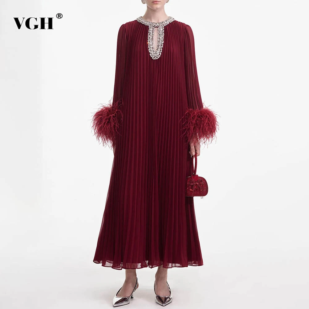 

VGH Minimalist Spliced Diamonds Loose Pleated Dresses For Women O Neck Long Sleeve Patchwork Feathers Hollow Out Dress Female