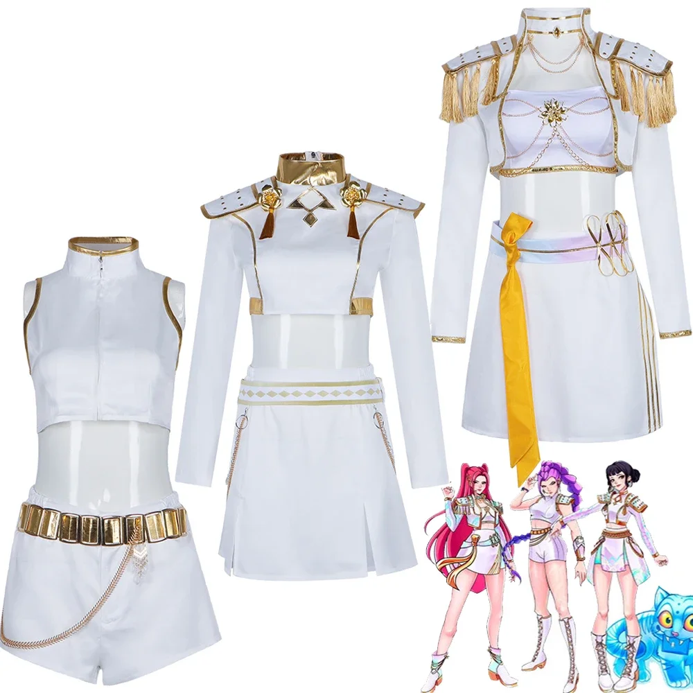 Kids Women Rumi Zoey Mira Cosplay Costume White Gold Uniform Set Huntrix Outfit Halloween RolePlay Party