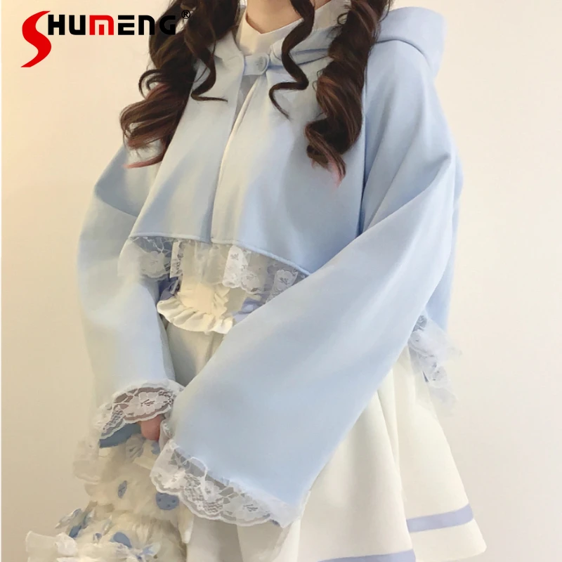 

Короткие плащи с капюшоном и кошачьими ушками в японском стиле Лолиты, кавайный топ, мягкое женское милое милое пальто Y2k для девочек, пончо с длинными рукавами