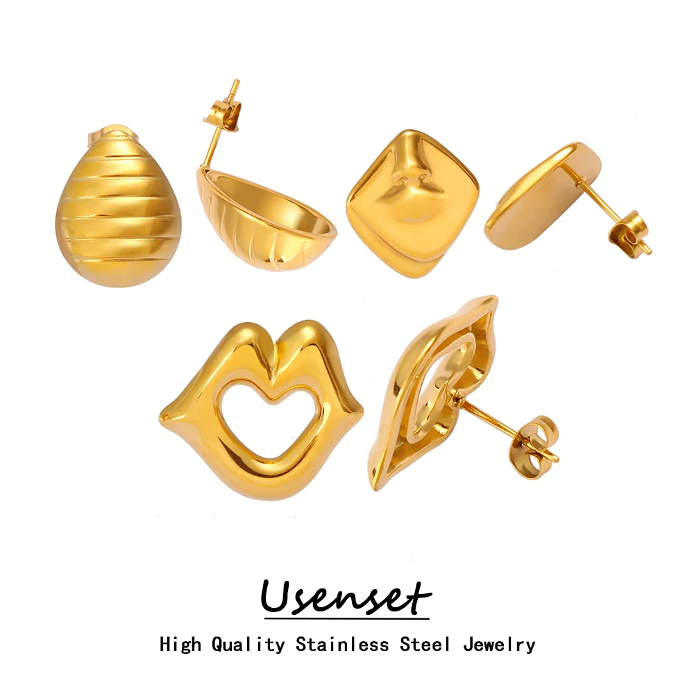 USENSET Trendy 3 Styles High Quality Metal Earrings Stylish Women's PVD Gold Plated Stainless Steel Accessories Anti Allergic