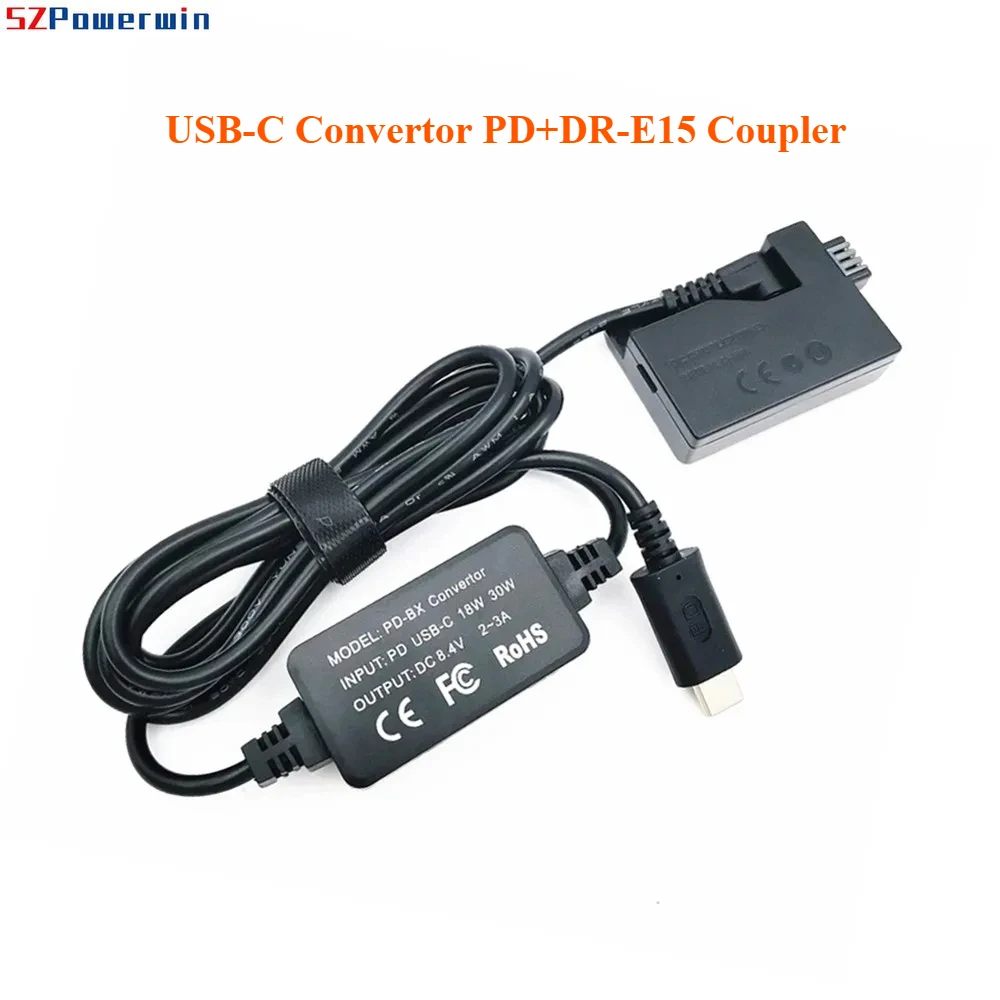 For Canon EOS Rebel SL1 100D Digital Cameras ACK-E15 Adapter DR-E15 Coupler LPE12 LP-E12 Dummy Battery Plus USB-C Convertor PD