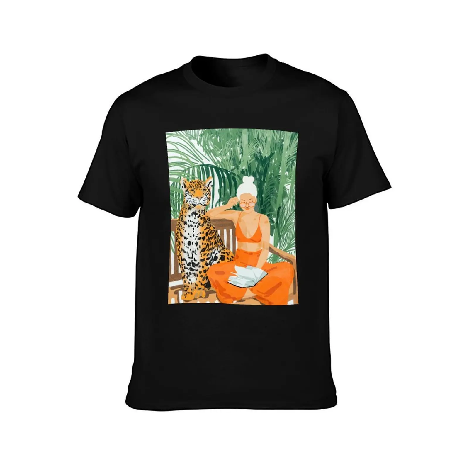 Jungle Vacay | Modern Bohemian Blonde Woman Tropical Travel | Leopard Wildlife Forest Reader T-Shirt, Summer Casual Cotton Tee