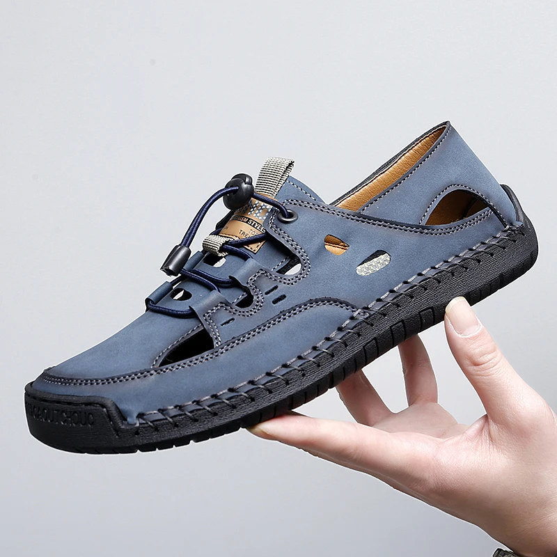 

Men's Closed Toe Genuine Leather Hollow Out Sandals Hand Stitched Adjustable Lace Non‑Slip Outdoor Casual Summer Beach Shoes
