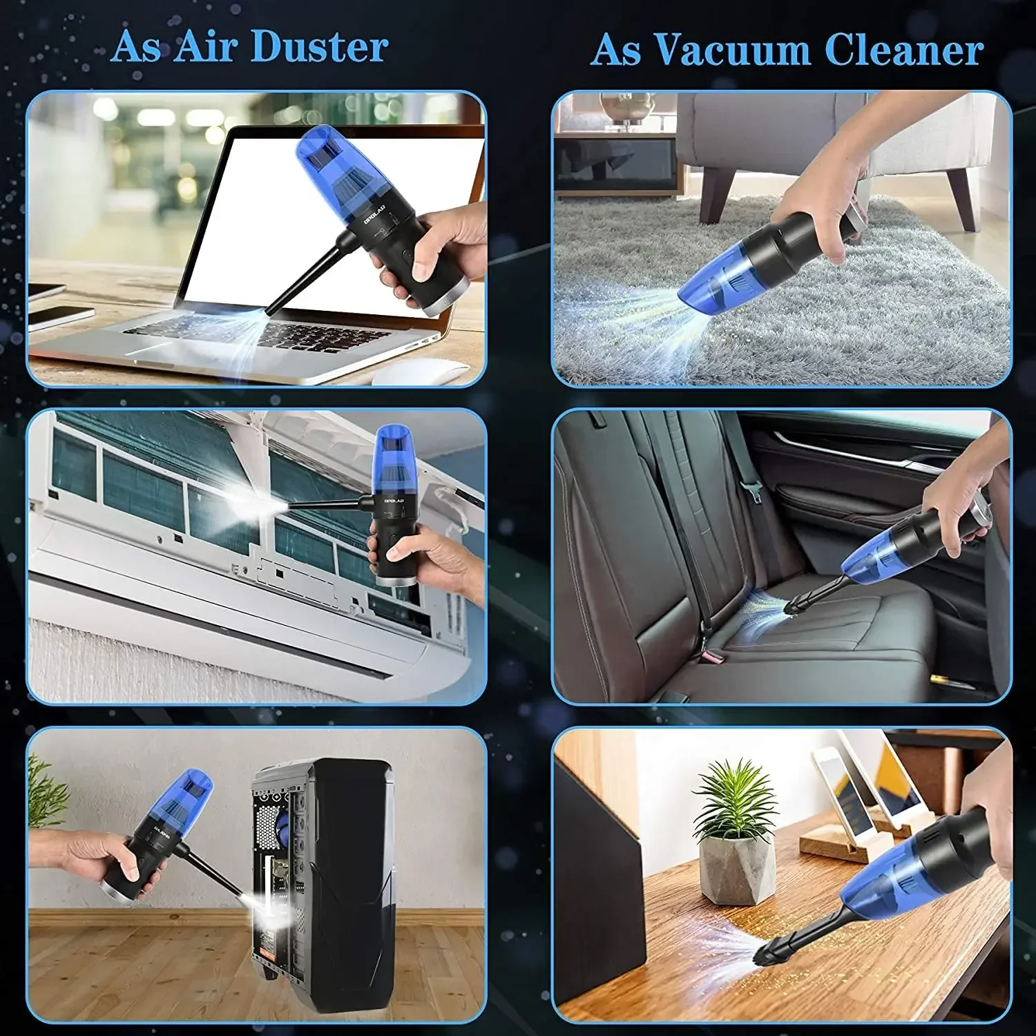 Car Vacuum Cleaner Compressed Air Duster 2-in-1 Portable Electric Air Blower for Keyboard Computer Seat Device Cleaners