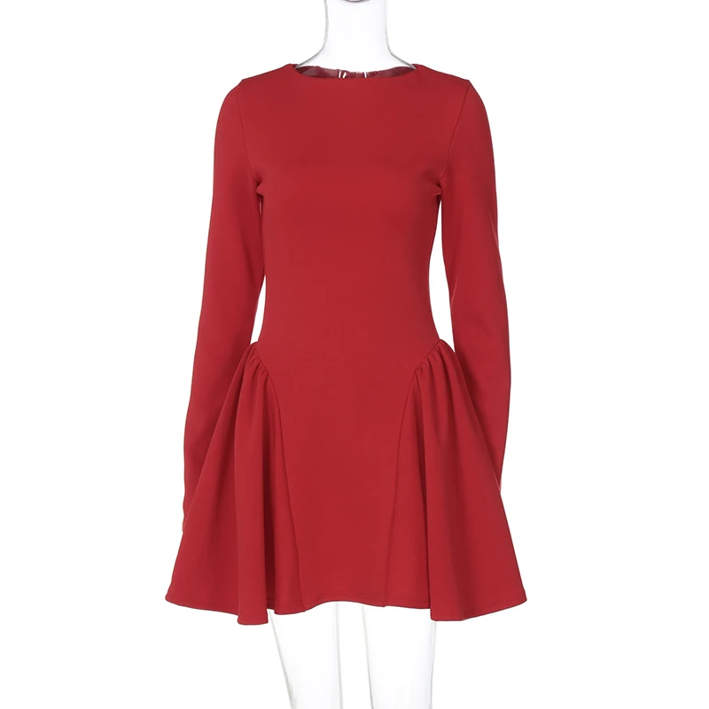 Taruxy elegante bodycon mini vestido para mulher a linha bainha splice moda vestido vermelho o pescoço 2024 outono novo vestido de manga longa