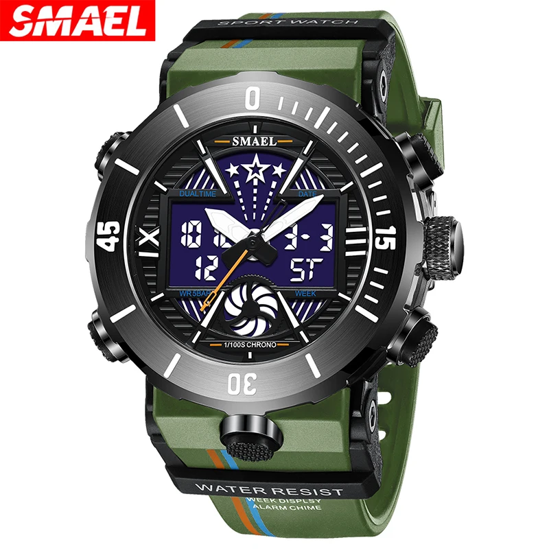 SMAEL 8051 Men Fashion Electronic Watch Dual Display Alarm Clock Sports Luminous Waterproof Cool Casual Digital Watches for Man