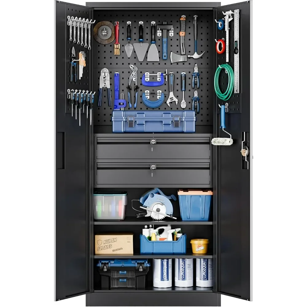 

Metal Garage Storage Cabinet with Locking Doors and 2 Drawers, Heavy Duty Steel Tool Cabinet with Pegboard, Lockable Cabinets