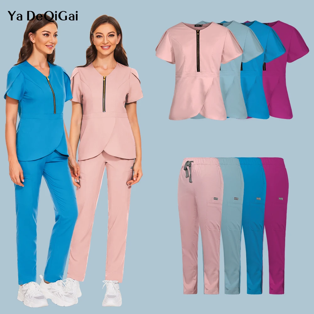 Wholesale Fashion Scrub Suits Hospital Uniform Set Solid Color Hospital Surgical Gown Pocket V-neck Scrubs Set for Women Joggers