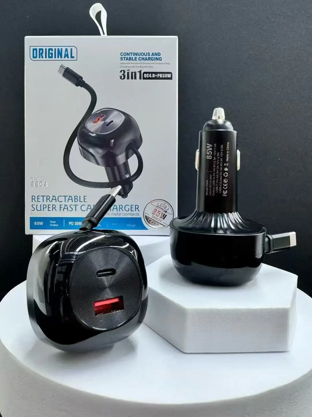 

Супербыстрое автомобильное зарядное устройство 85W 3 в 1 QC4.0+PD30W, универсальное высокоскоростное зарядное устройство с выдвижным кабелем для iPhone и Samsung