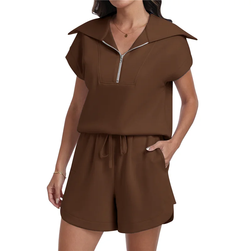 

【SEE】Women Summer Half Zip Short Outfits Sweat Lounge Tracksuit Tops