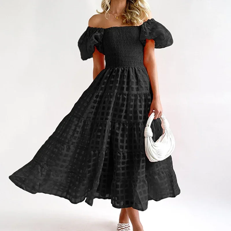 2024 Summer New Women Slim Pleat Party Dress Hollow Out Check Pattern Dresses Ladies Square Collar Puff Sleeve Vestidos