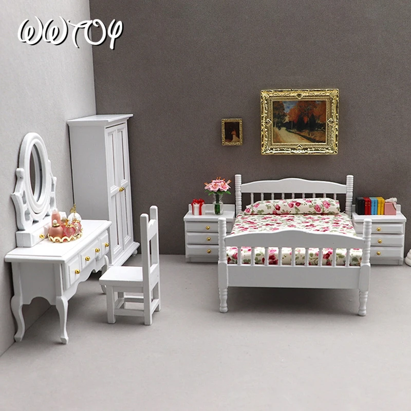 Beds & Furniture Bedroom Set Furniture Wooden Wardrobe for Bedroom Miniature Wardrobe Dolls Dollhouse Bedroom Bed Dresser 