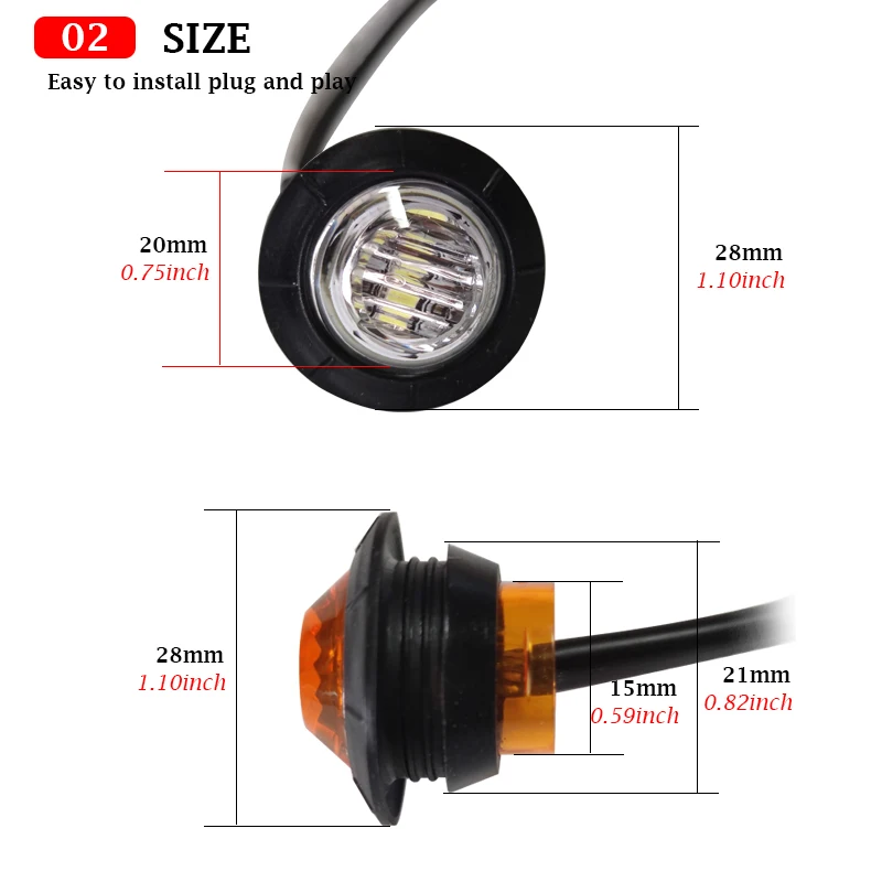 Round Trailer Side Marker Lights, Truck Tractors Clearance Lamp, bala branca, impermeável, frente traseira, 24V, 3LED, 3 \