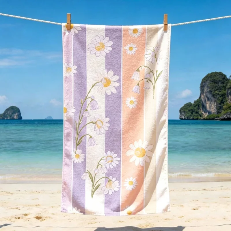 Retro Daisy Striped Beach Towel, Quick Dry Soft Cotton, Pink & Beige Stripes with White Daisies for Summer Pool Use