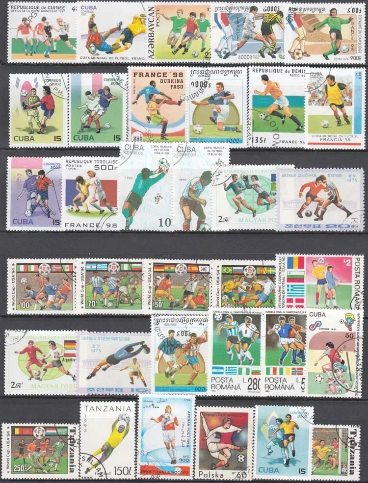 Sport Stamps Selo Postal Mundial com Carimbo Postal, Coleção Boas Condições, Sem Repetição, Futebol, Mundo, 50, 100, 200 pcs por lote