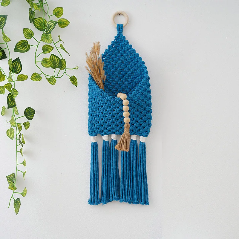 Blue Macrame Wall Hanging Storage Pocket Handmade Woven Organizer with Tassels and Wooden Beads Home Decor Small Item Storage