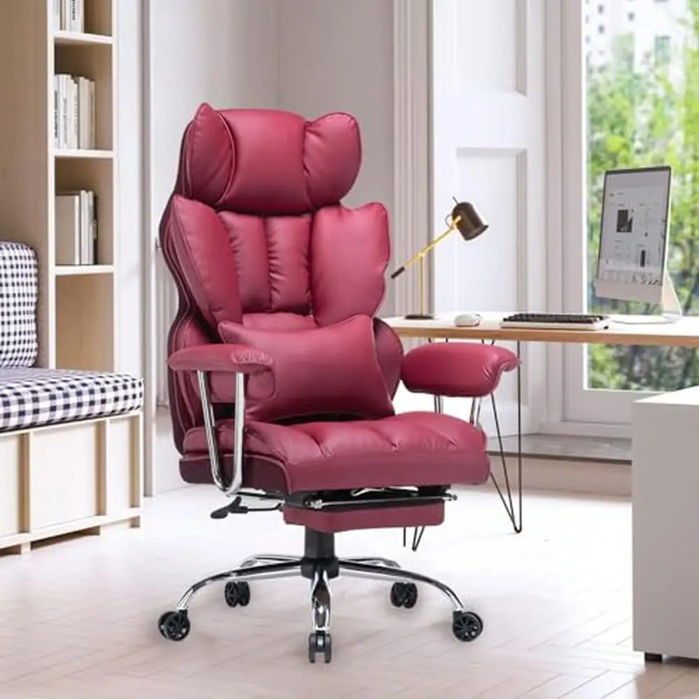 High Back Red PU Leather Office Chair with Leg Rest Lumbar Support Swivel Computer Chair Big & Tall Executive Desk Chair Home