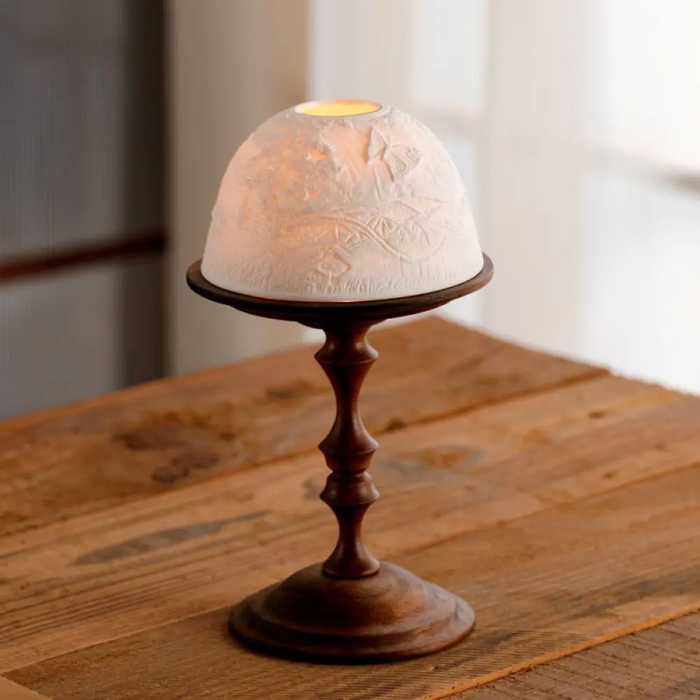 Vintage Walnut Wood Candle Holder With Bone China Shade Wind Shield Aroma Essential Oil Stand For Table Decoration