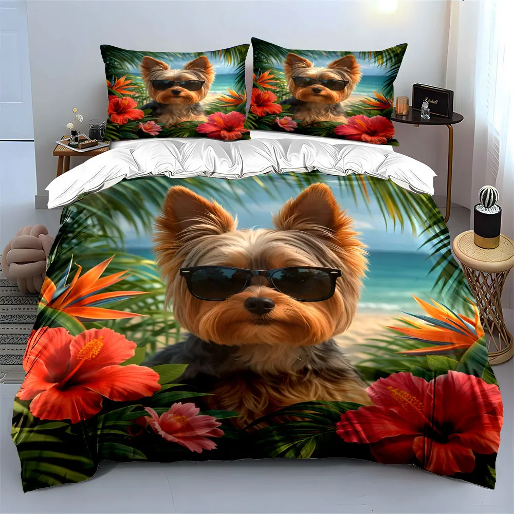 Stylish dog in tropical blooms Print Bedding set 3PC 1 duvet cover 2 pillowcases adult and children bedding set Luxury