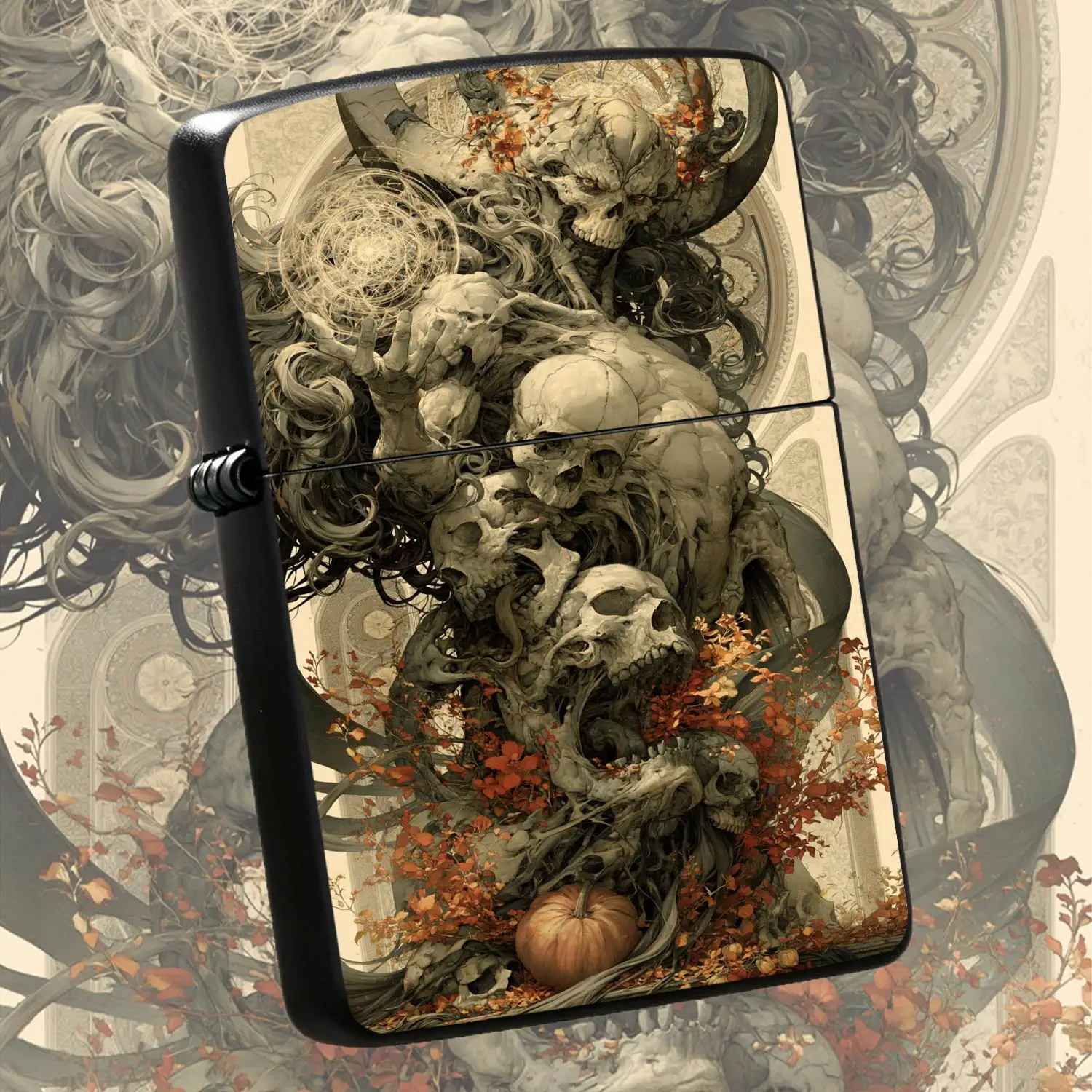 Vintage Dark Skull Art Lighter, Autumn Halloween Themed Portable Igniter, Exquisite Ornate Magic Pattern Ignition Tool, Ideal for Daily Outdoor Use, Unique Creative Gift for All Scenarios A Humorous And Interesting Lighter