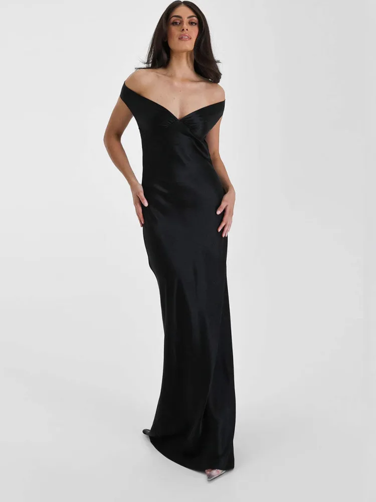 Arctic Cat Sexy Satijn Off-Shoulder Bodycon Party Club Avondjurk Vrouwen Elegante Backless Slanke Effen Kleur Formele Jurk vestidos