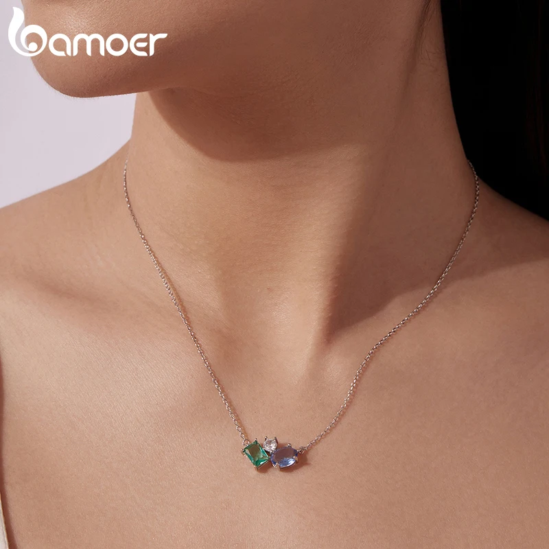 Bamoer 925 Sterling Silver Necklace Blue Green Stone  White Gold Zirconia Pendant Adjustable Chain for Women Fine Jewelry Gift