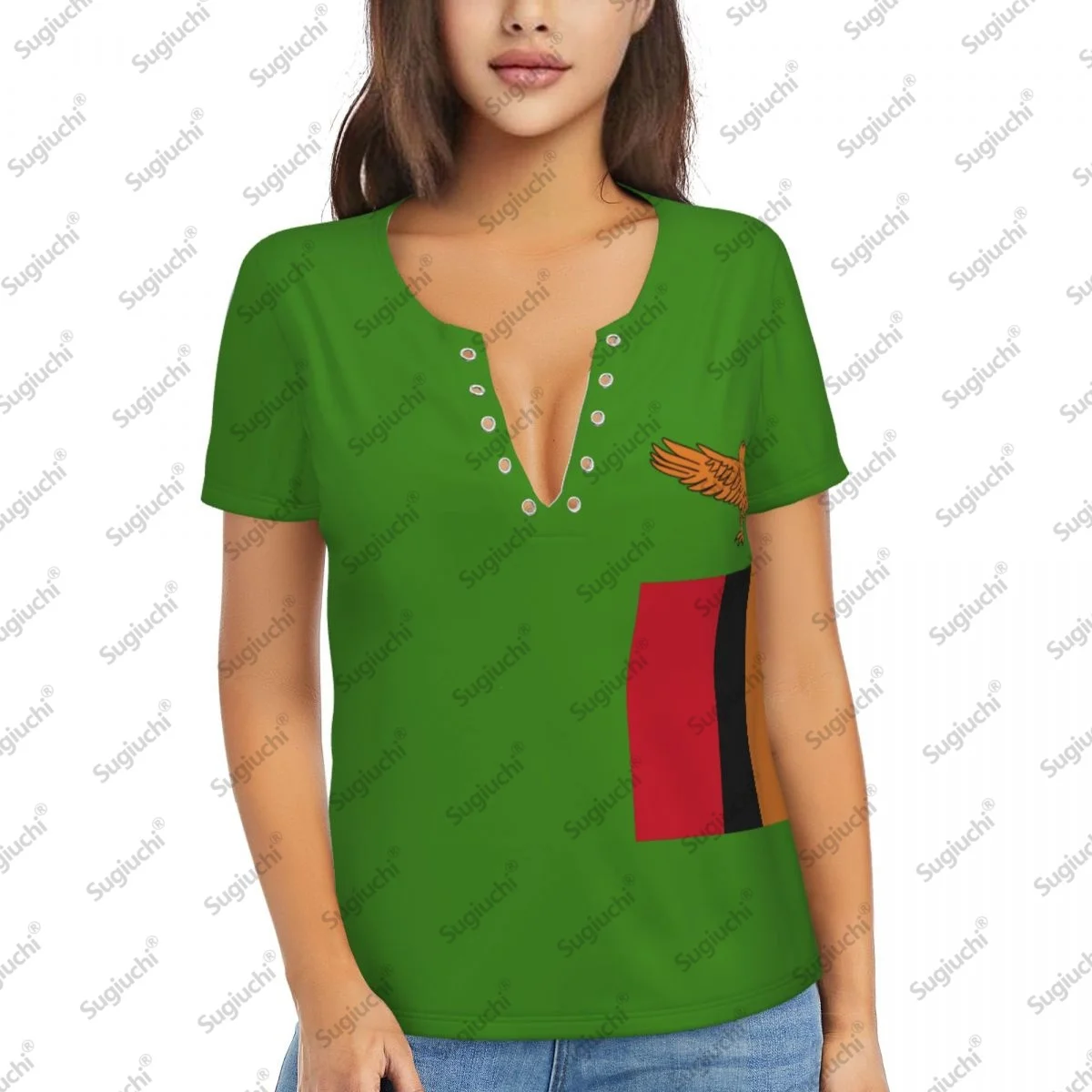 

2025 Zambia Flag Sexy Deep V Neck Women 3D Short Sleeve Fashion Tees Female Clothing Tops Girl Casual Blouse Tees
