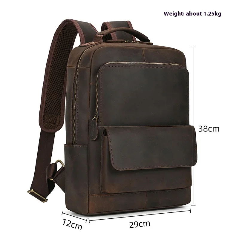 Vintage Leather Backpack for Men, 14-inch Crazy Horse Leather Bag for Students, Dark Brown Laptop Bag