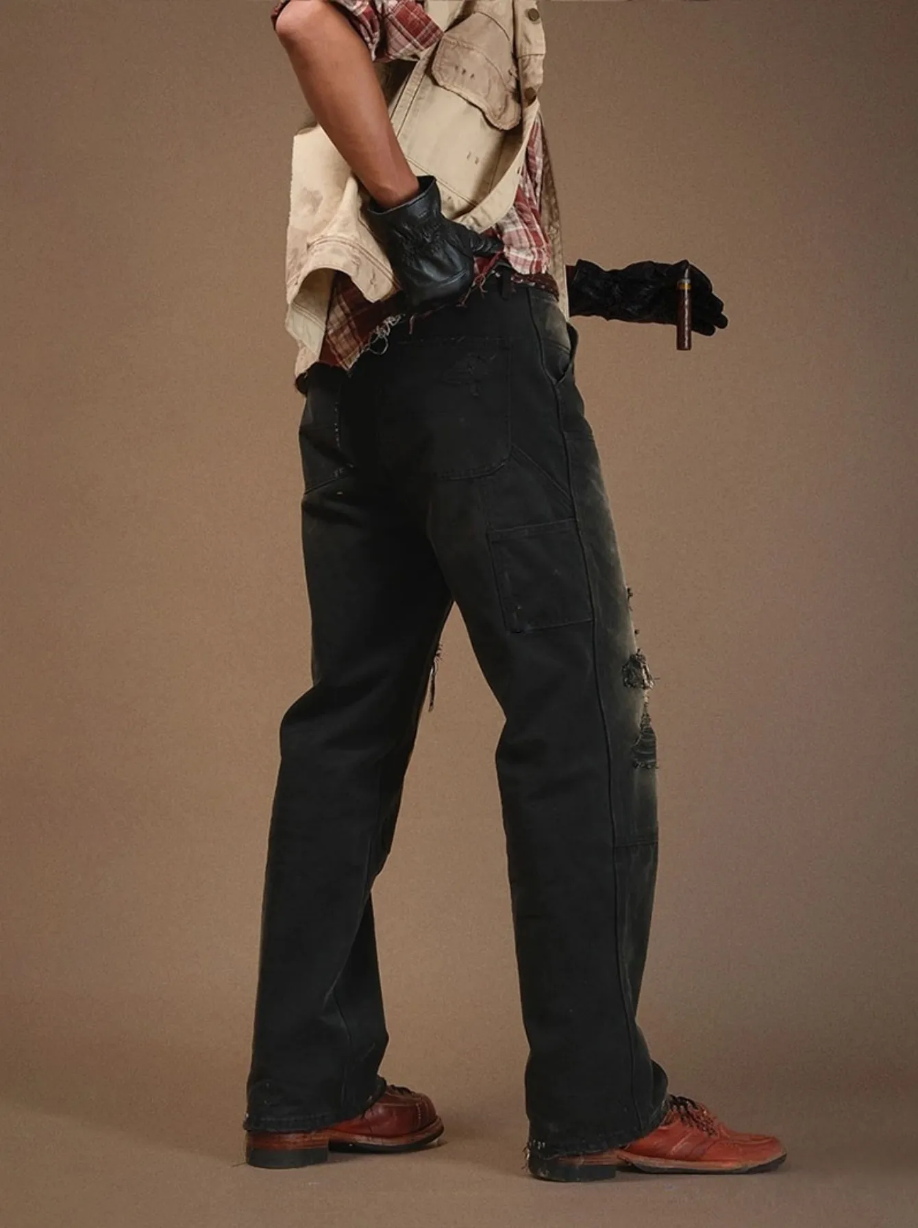 【HME】Men's Jeans | American Retro Work-style Denim Pants Men, Carpenter Multi-pocket Tool-loop Denim Trousers, Elastic Back Waist, Heavily Worn Ripped Patch Design, Loose Straight Leg Casual Men Pants
