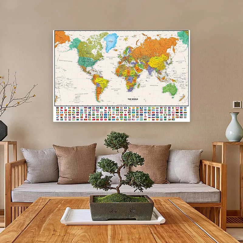The World Map dekoratif gambar gantung kanvas lukisan dinding Poster seni perlengkapan sekolah ruang tamu dekorasi rumah 75*50cm