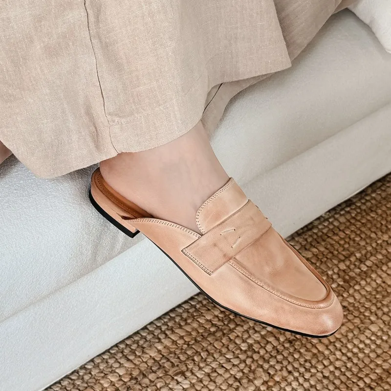 Women's New Washed Cowhide Lazy Outer Wear Bag Head Half Slippers 1.5cm Flat Bottom Slip-on Muller Sandals view 2