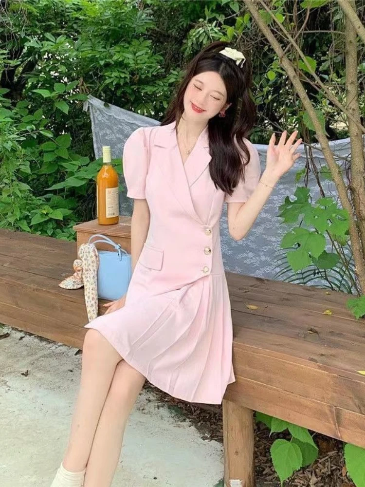 เกาหลีแฟชั่นผู้หญิงแขนสั้น Solid Sheath Dresses Office Lady ฤดูร้อนปุ่มเดียวปิด A-Line จีบกระโปรง