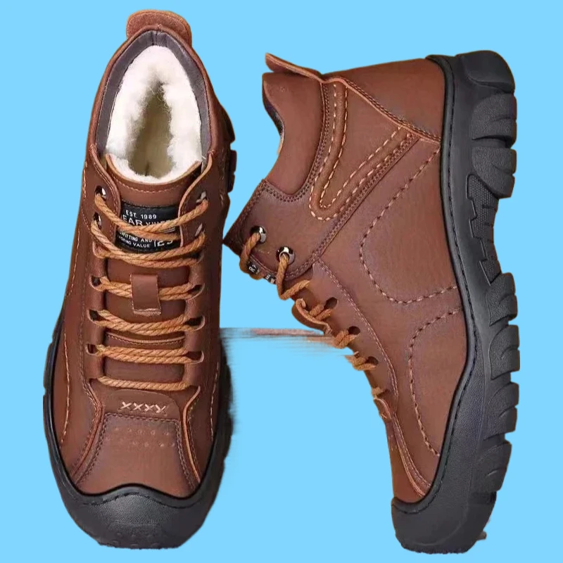 

Snow Winter Cotton Man Ankle Non-slip Men Work Shoes Quality Lace Up Waterproof Leather Male Boots Bota Masculina