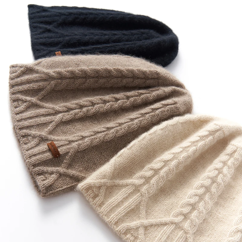 ZYCZCXX Beanie Hat for Women Autumn Winter Striped Knitted Goat Cashmere Cap High Quality Casual Soft Warm Headgear Knit Hats