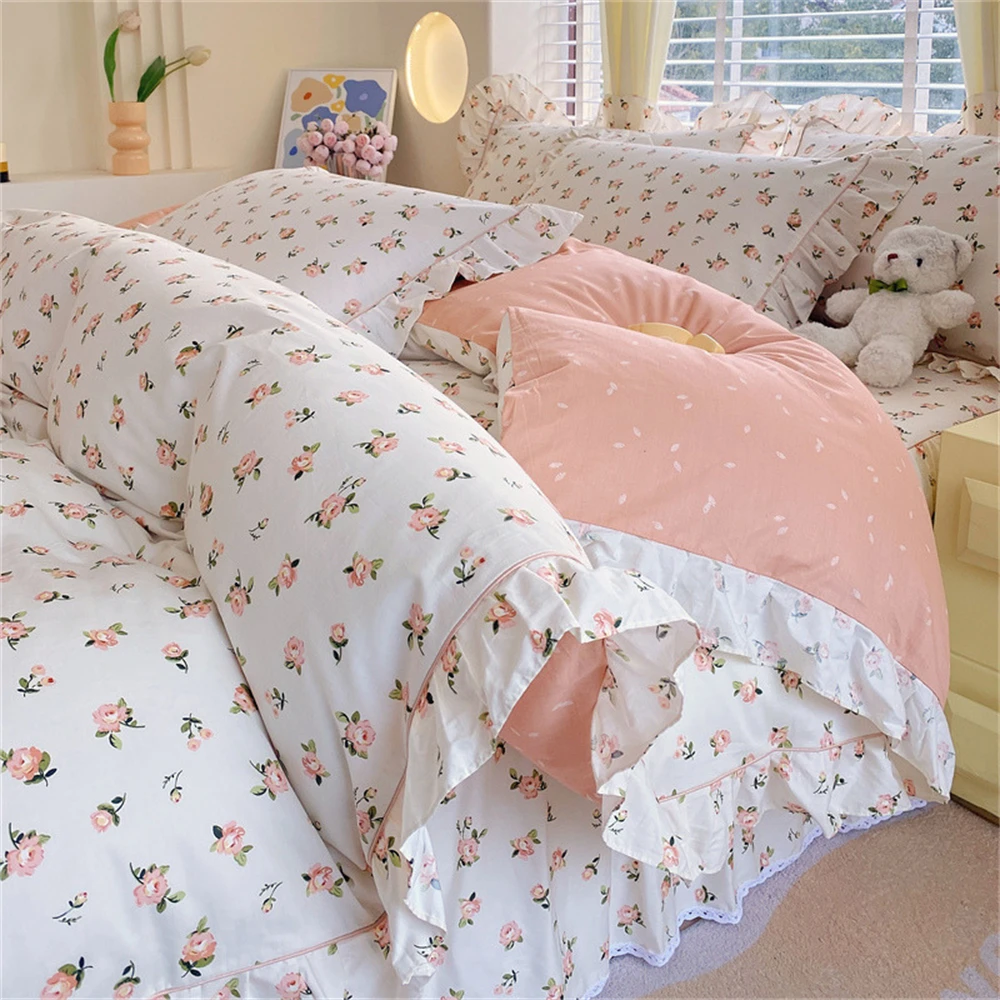 100% Cotton Korean Duvet Cover Flower Printed housse de couette Bed Cover with Ruffles Comforter King Quilt Covers No Pillowcase