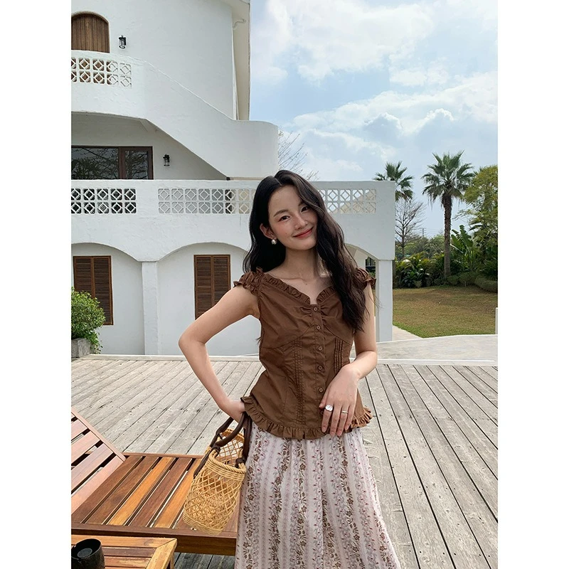 Summer Chic Shirt French Fungus Edge V-Neck Slim Top Femininity Fashion Comfortable Elegance High Quality Individuality