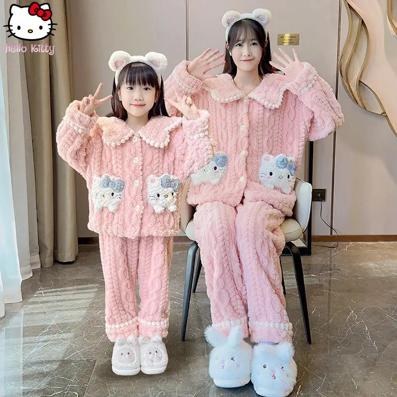 

Cartoon New Girls Clothing My Melody Kuromi Thicken Doll Collar Home Clothing Set Anime Kawaii Parent Child Warm Pajamas Sanrio