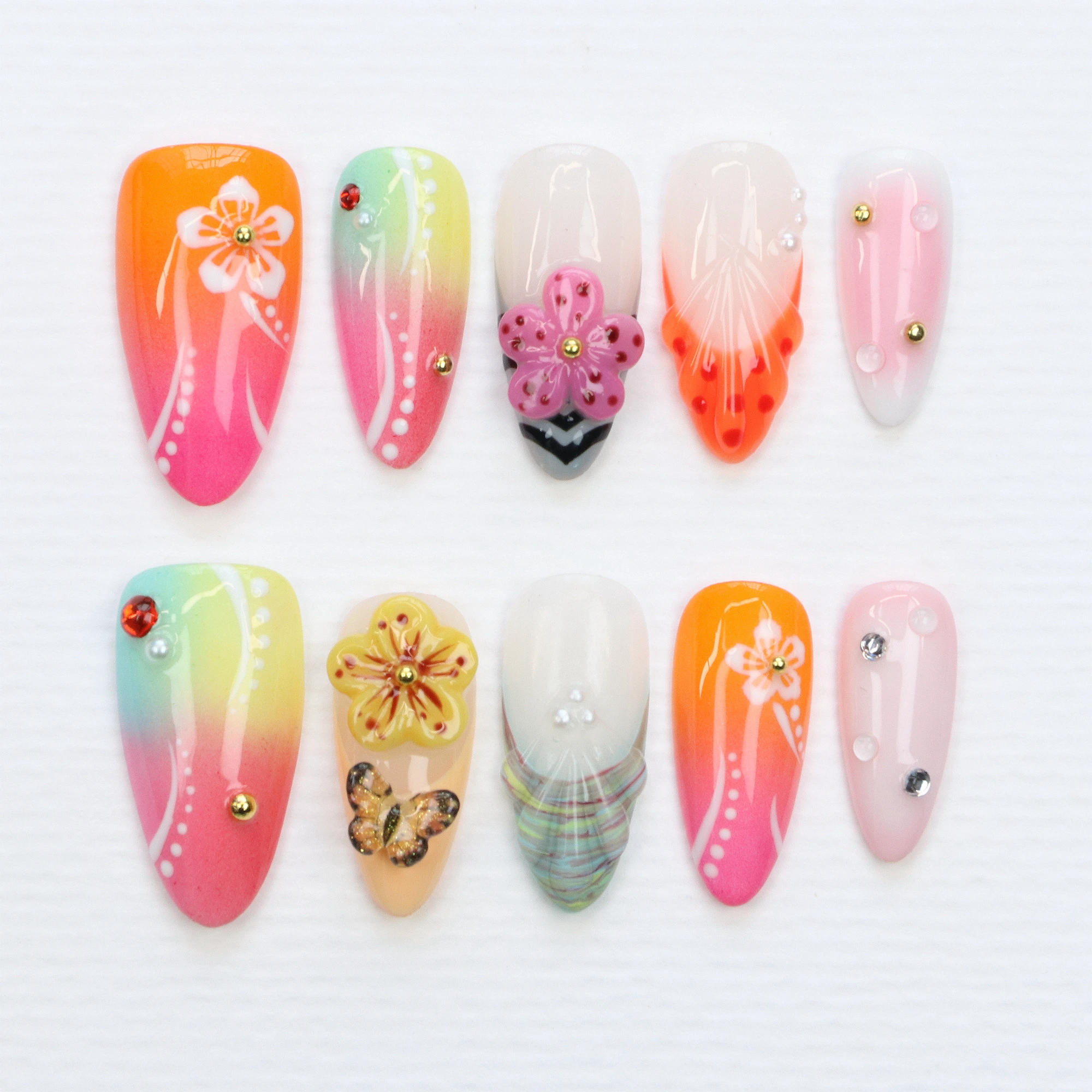 10 pièces Aloha Bloom Beach Vibe 3D fleur colorée amande presse sur les ongles, pointe française personnalisée, printemps été, cadeau de vacances
