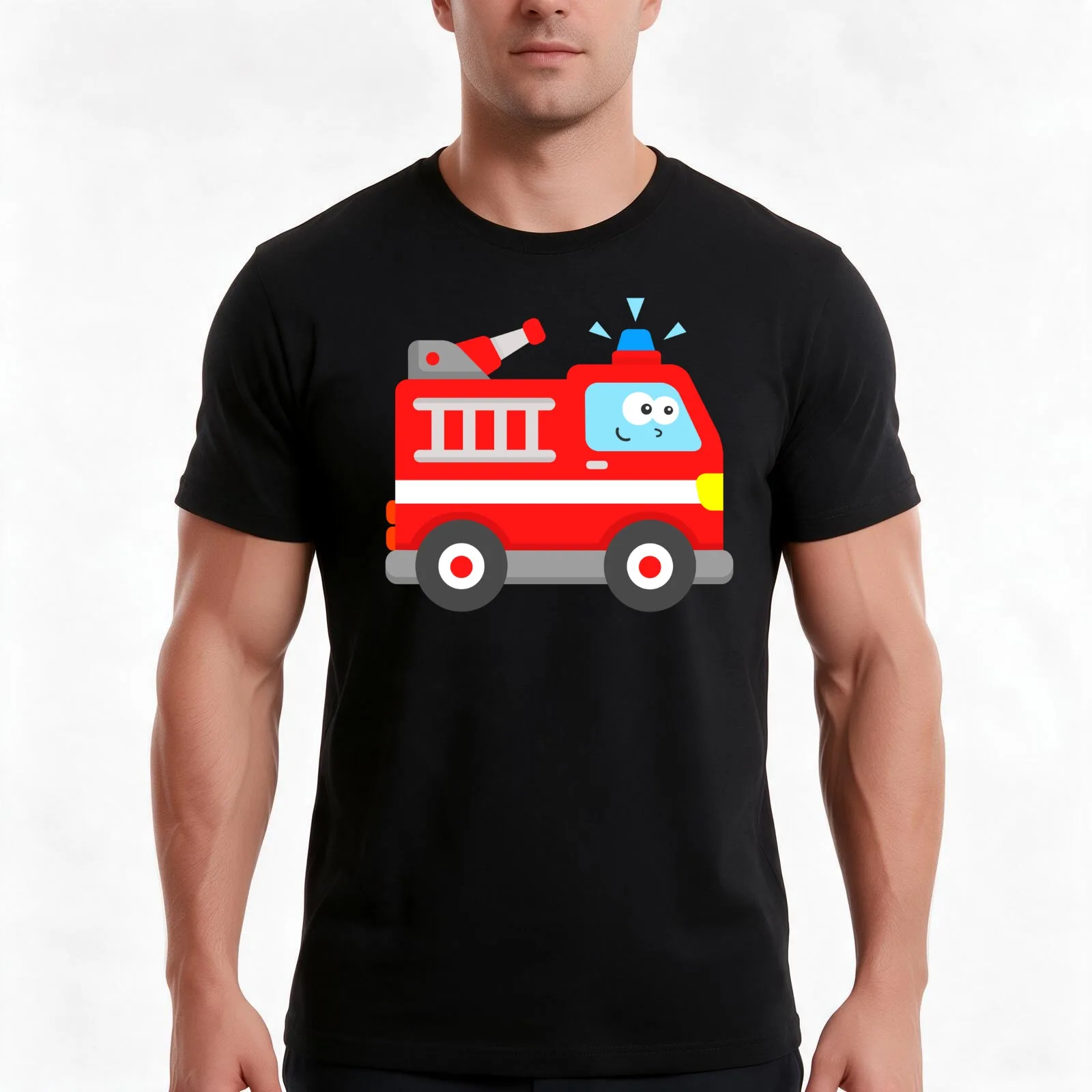 Fire Engine Cute Firefighter Vehicle T-Shirt, Summer Casual Cotton Tee, Oversized Streetwear Tops, Vintage Graphic Print