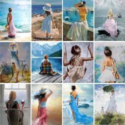 GATYZTORY 60x75cm pittura con i numeri kit Seaside Girl Figure pitture ad olio acrilico Cnavas Home Bedroom Wall Artcraft Picture