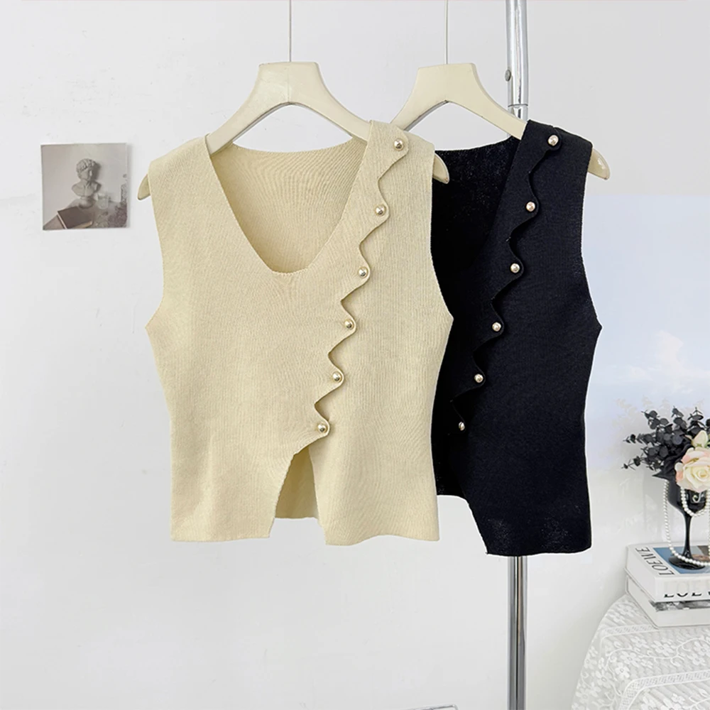 Irregular Shaped Button Design Sweater Vest Single Row Button Sleeveless Top Minimalist Style Knit Sweater Womens Clothing